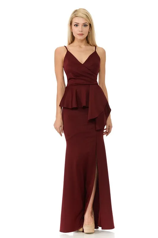 Burgundy Wrap Top Strap Peplum Waist Thigh Slit Long Dress