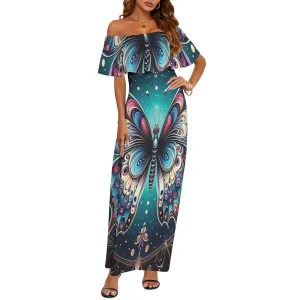 Butterfly awd447 Women's Off Shoulder Ruffle Boat Neck Dress (Model D71)