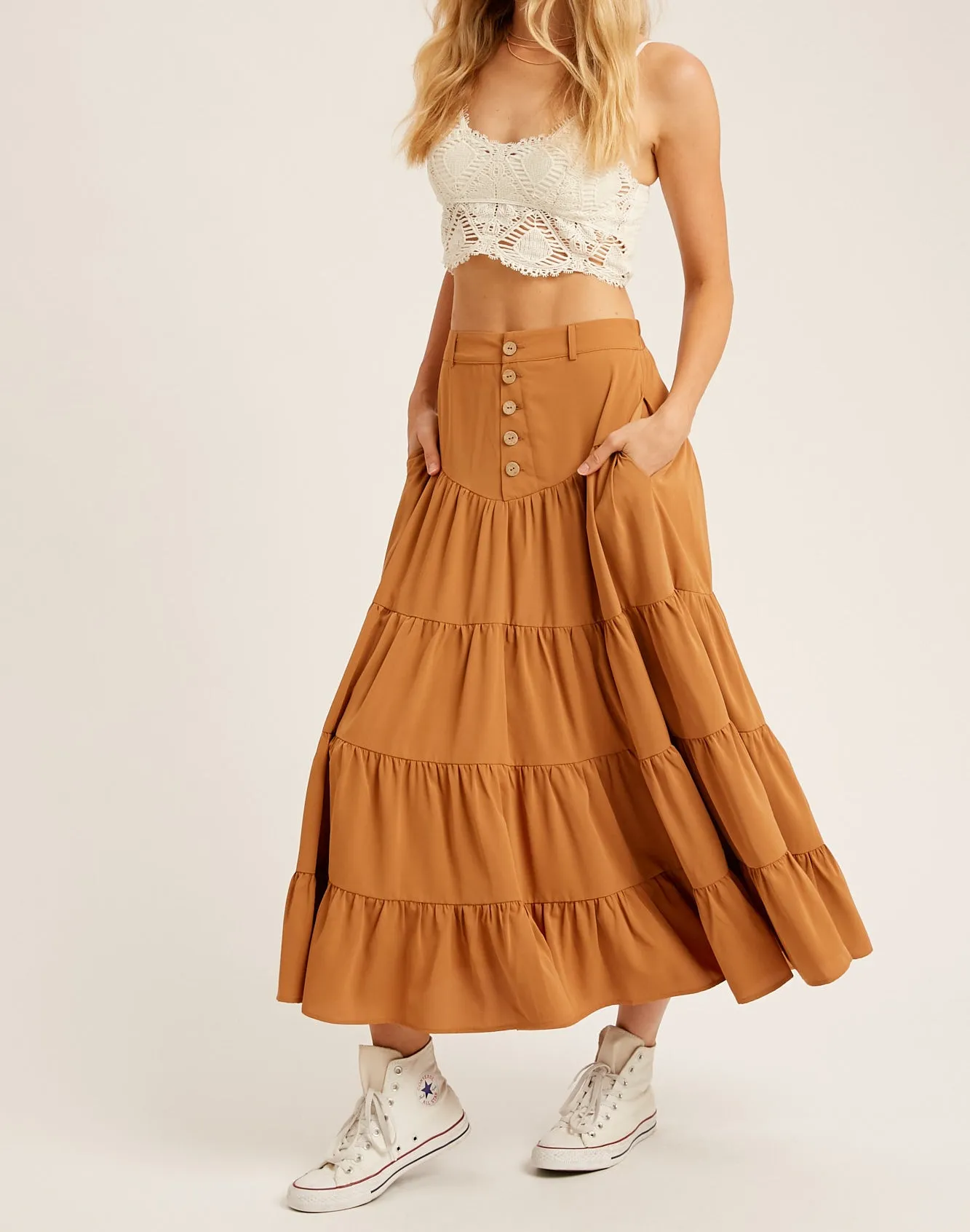 BUTTON DOWN WAIST TIERED MAXI SKIRT