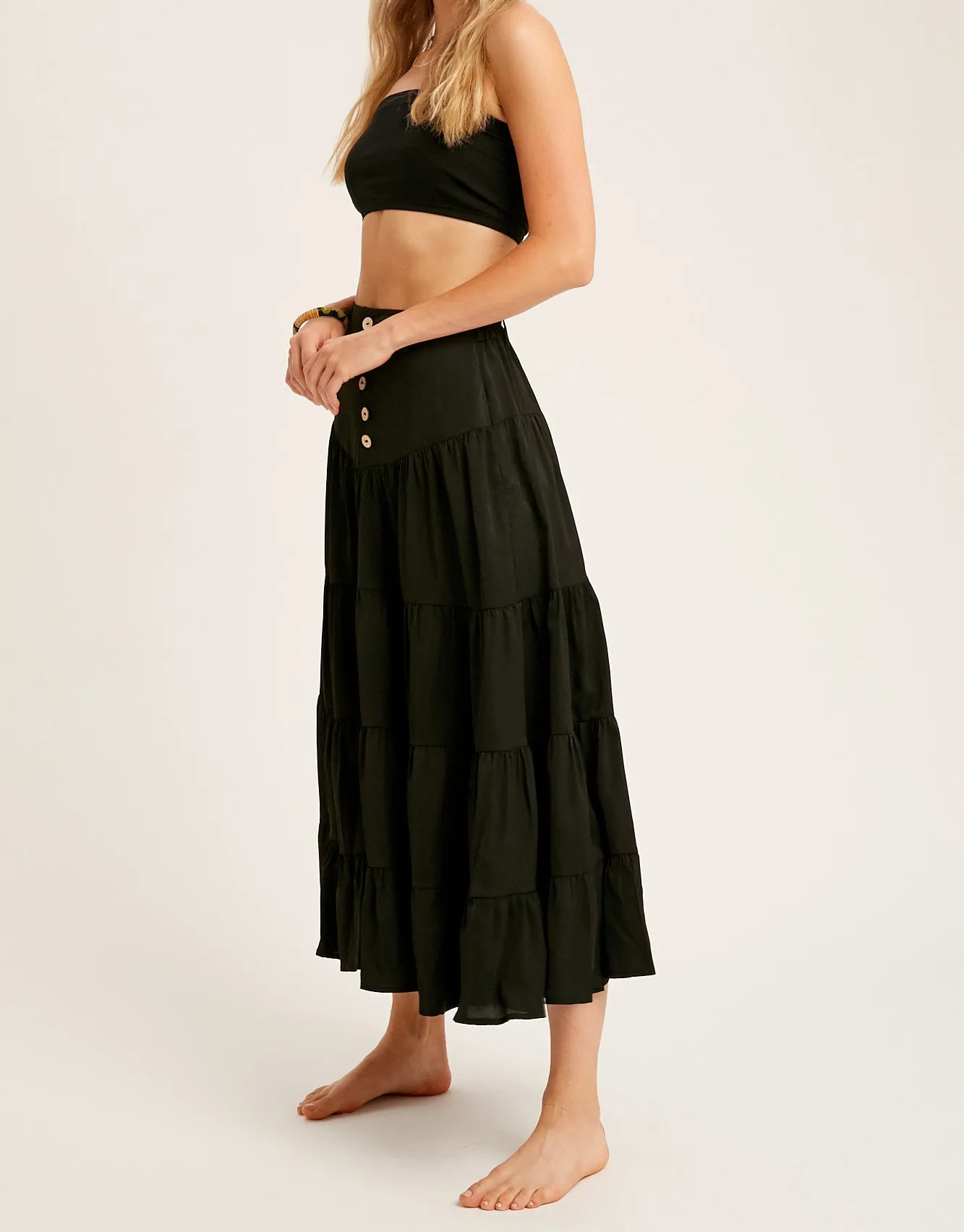 BUTTON DOWN WAIST TIERED MAXI SKIRT