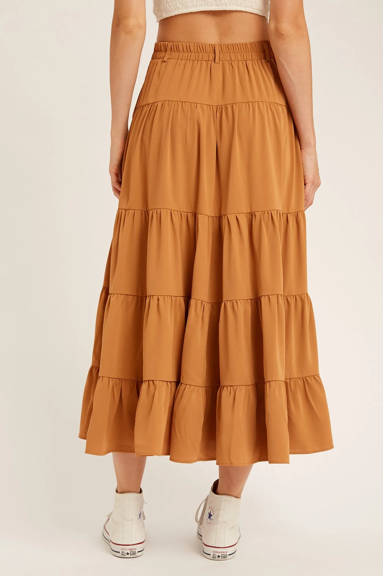 BUTTON DOWN WAIST TIERED MAXI SKIRT