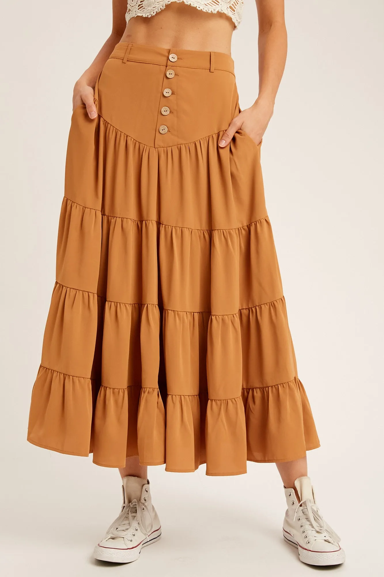 BUTTON DOWN WAIST TIERED MAXI SKIRT