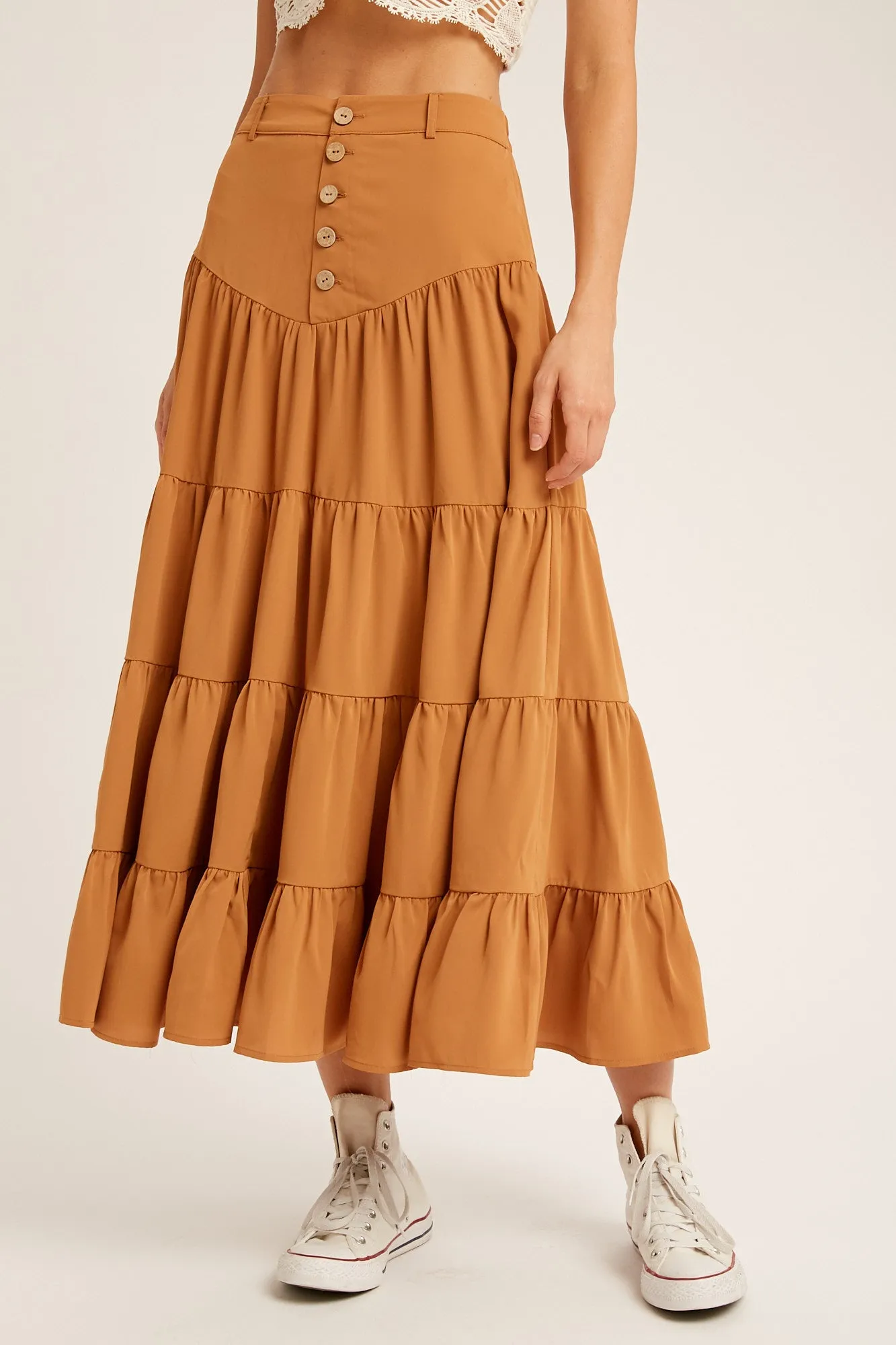 BUTTON DOWN WAIST TIERED MAXI SKIRT