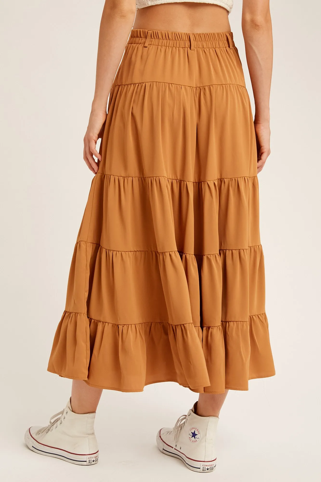 BUTTON DOWN WAIST TIERED MAXI SKIRT