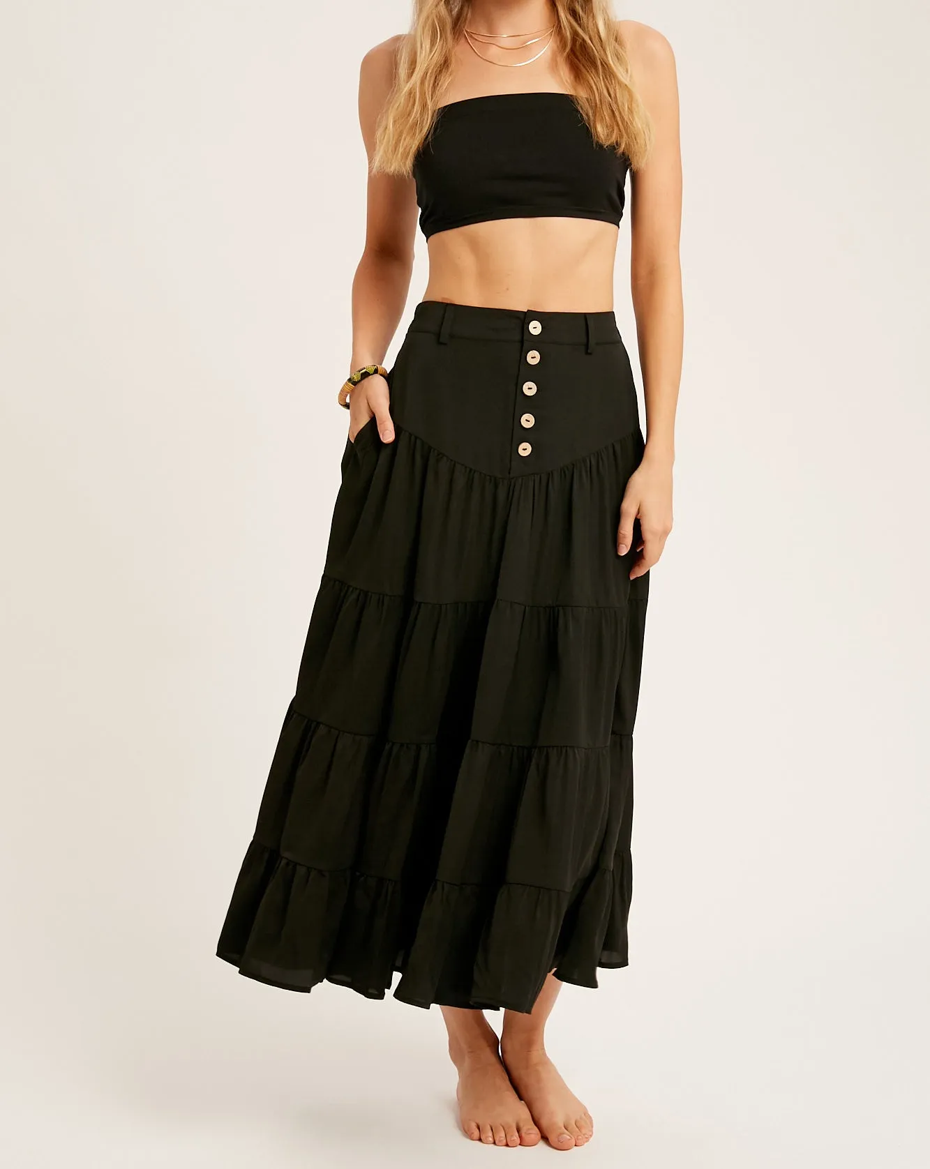 BUTTON DOWN WAIST TIERED MAXI SKIRT