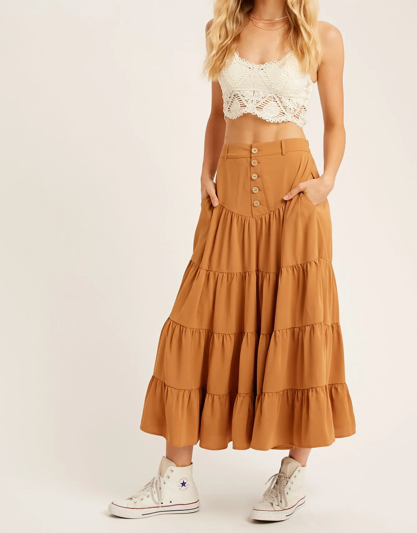 BUTTON DOWN WAIST TIERED MAXI SKIRT