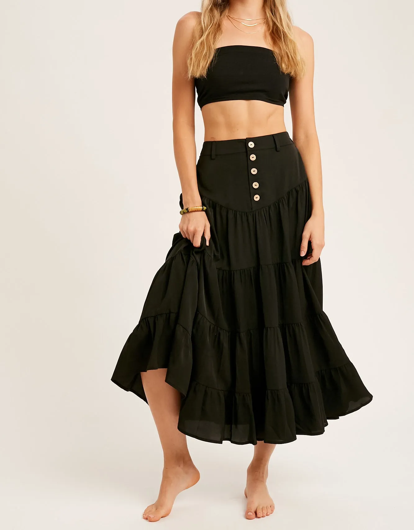 BUTTON DOWN WAIST TIERED MAXI SKIRT