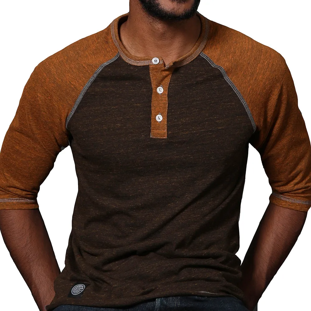 Camel & Chocolate Contrast 3/4 Raglan Sleeve Henley (Sizes XL & XXL Available)