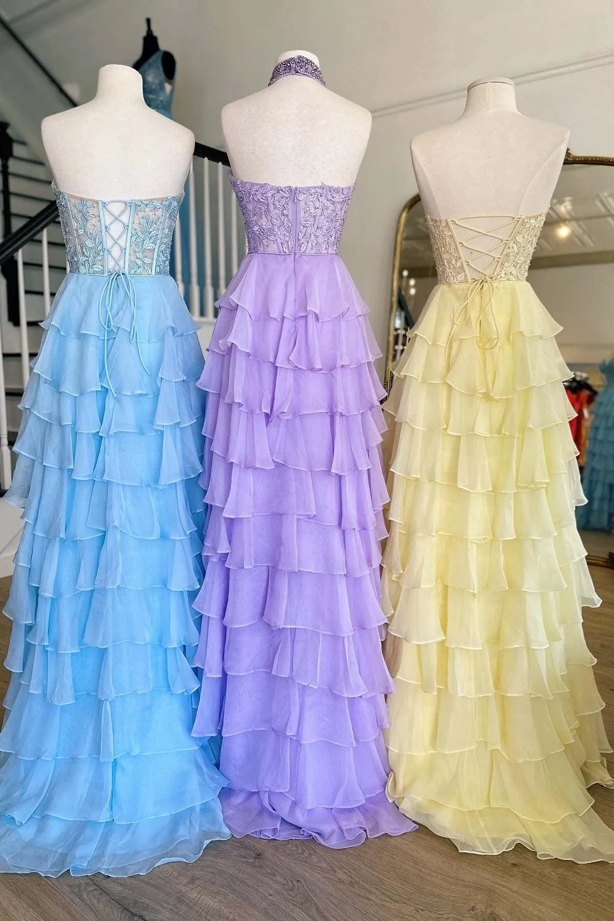 Chic A-line Strapless Light Sky Blue Long Prom Dresses Frill Layered Gown Evening Dresses sew0321