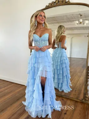 Chic A-line Strapless Light Sky Blue Long Prom Dresses Frill Layered Gown Evening Dresses sew0321