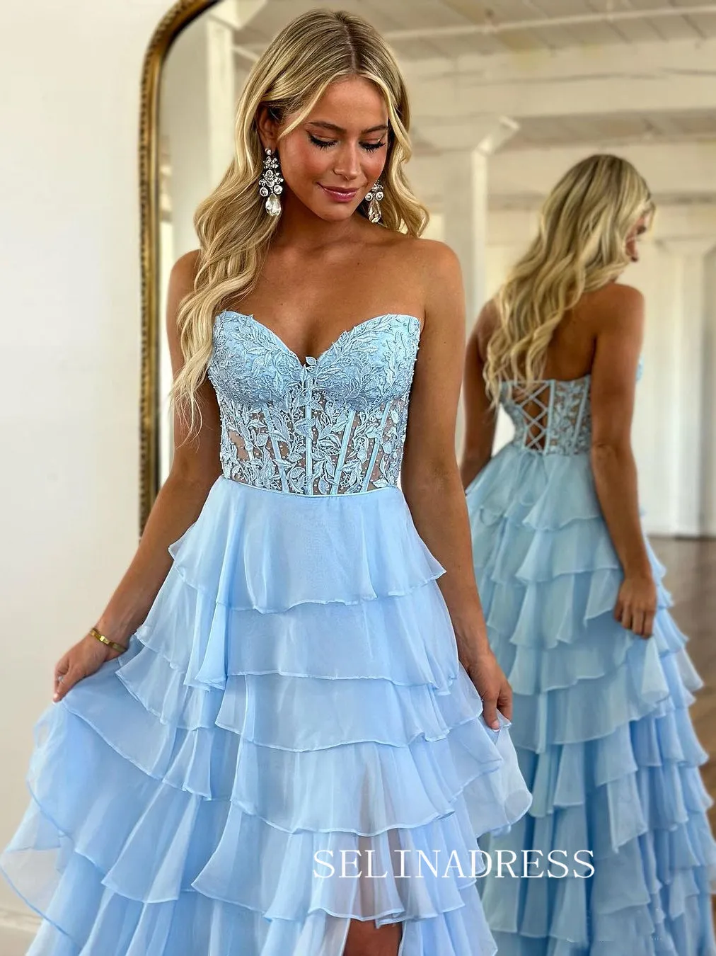 Chic A-line Strapless Light Sky Blue Long Prom Dresses Frill Layered Gown Evening Dresses sew0321