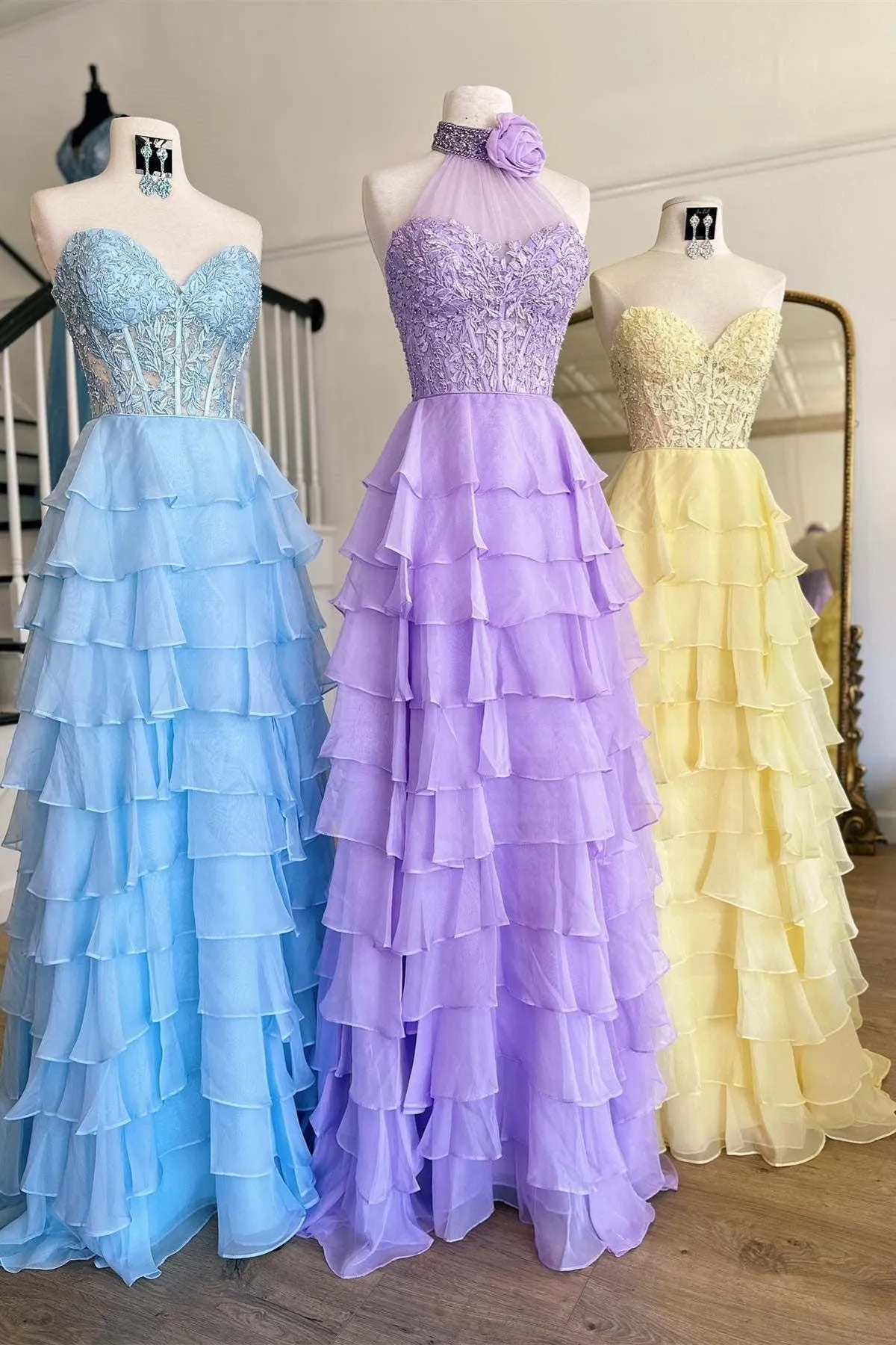 Chic A-line Strapless Light Sky Blue Long Prom Dresses Frill Layered Gown Evening Dresses sew0321