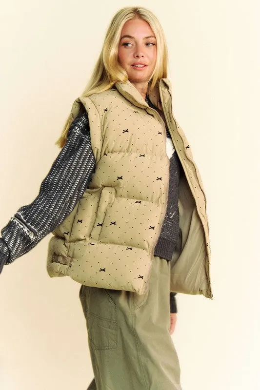 Clay Ribbon Bow Print Sleeveless Puffer Zipper Vest Jacket