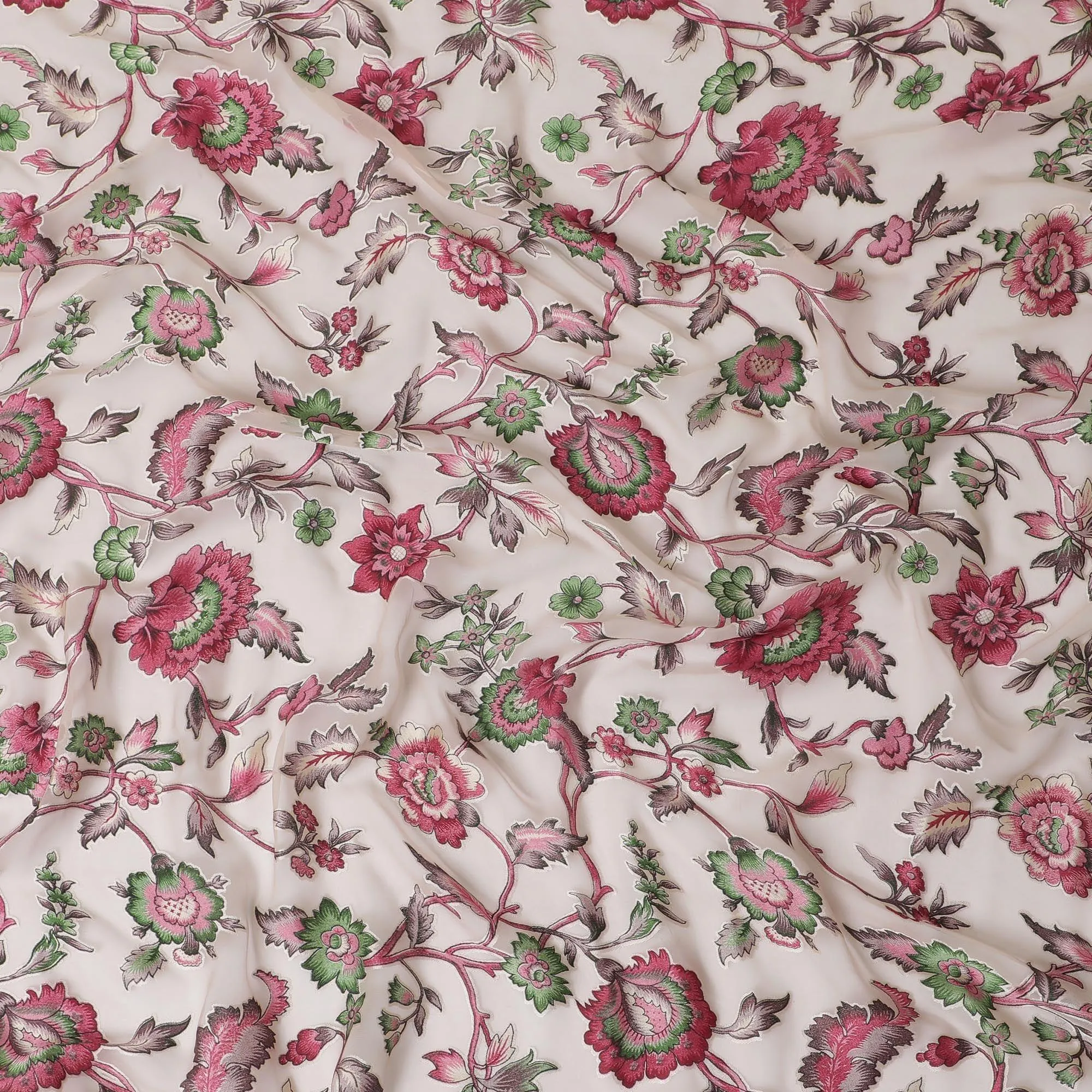 Cream synthetic chiffon fabric with multicolor print having jacquard in floral design-D13770