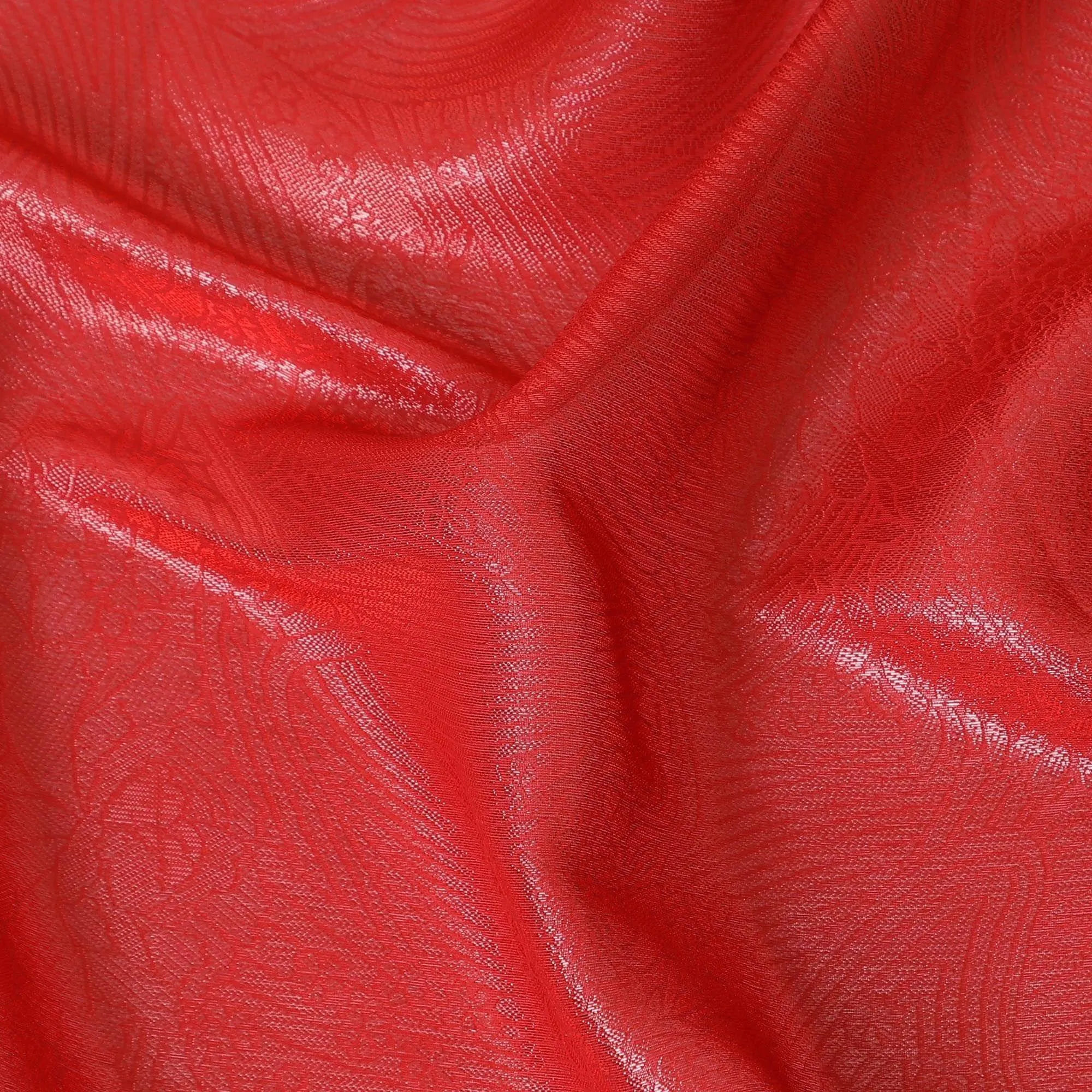 Crimson red synthetic chiffon fabric with same tone metallic lurex in floral design-D10112