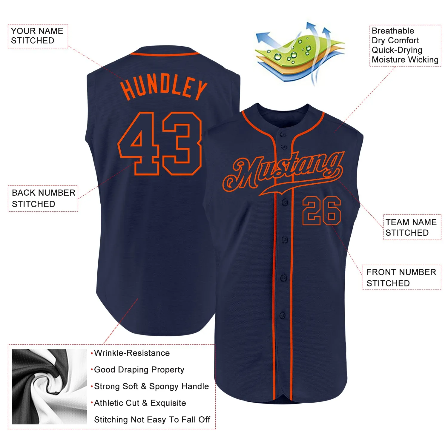 Custom Navy Navy-Orange Authentic Sleeveless Baseball Jersey