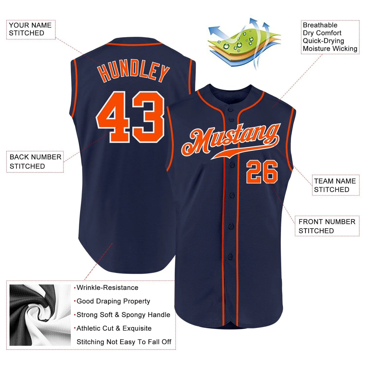 Custom Navy Orange-White Authentic Sleeveless Baseball Jersey