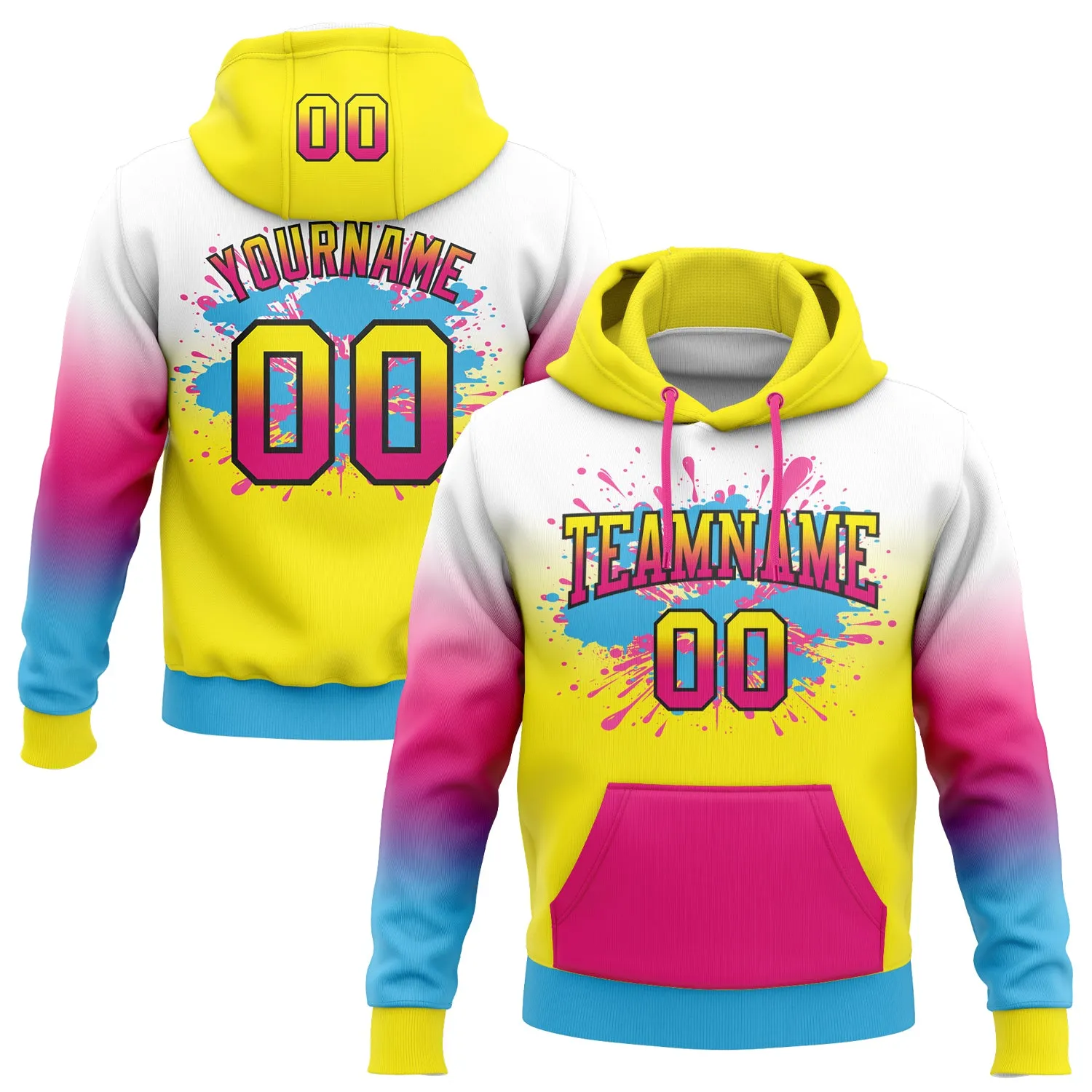 Custom Stitched White Light Yellow Hot Pink Sky Blue-Black Fade Fashion Splash Sports Pullover Sweatshirt Hoodie