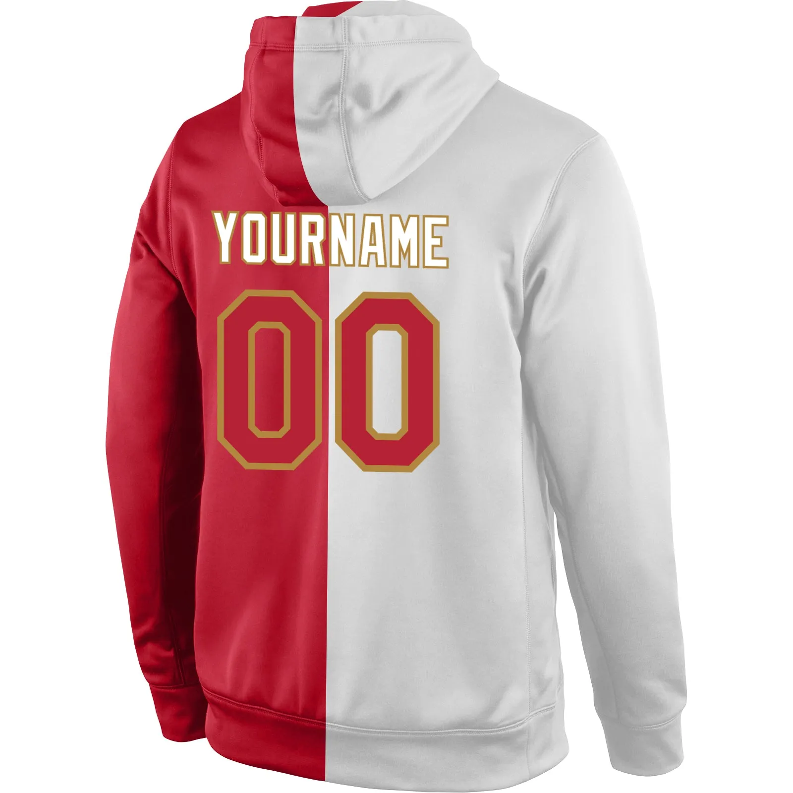 Custom Stitched White Red-Old Gold Split Fashion Sports Pullover Sweatshirt Hoodie