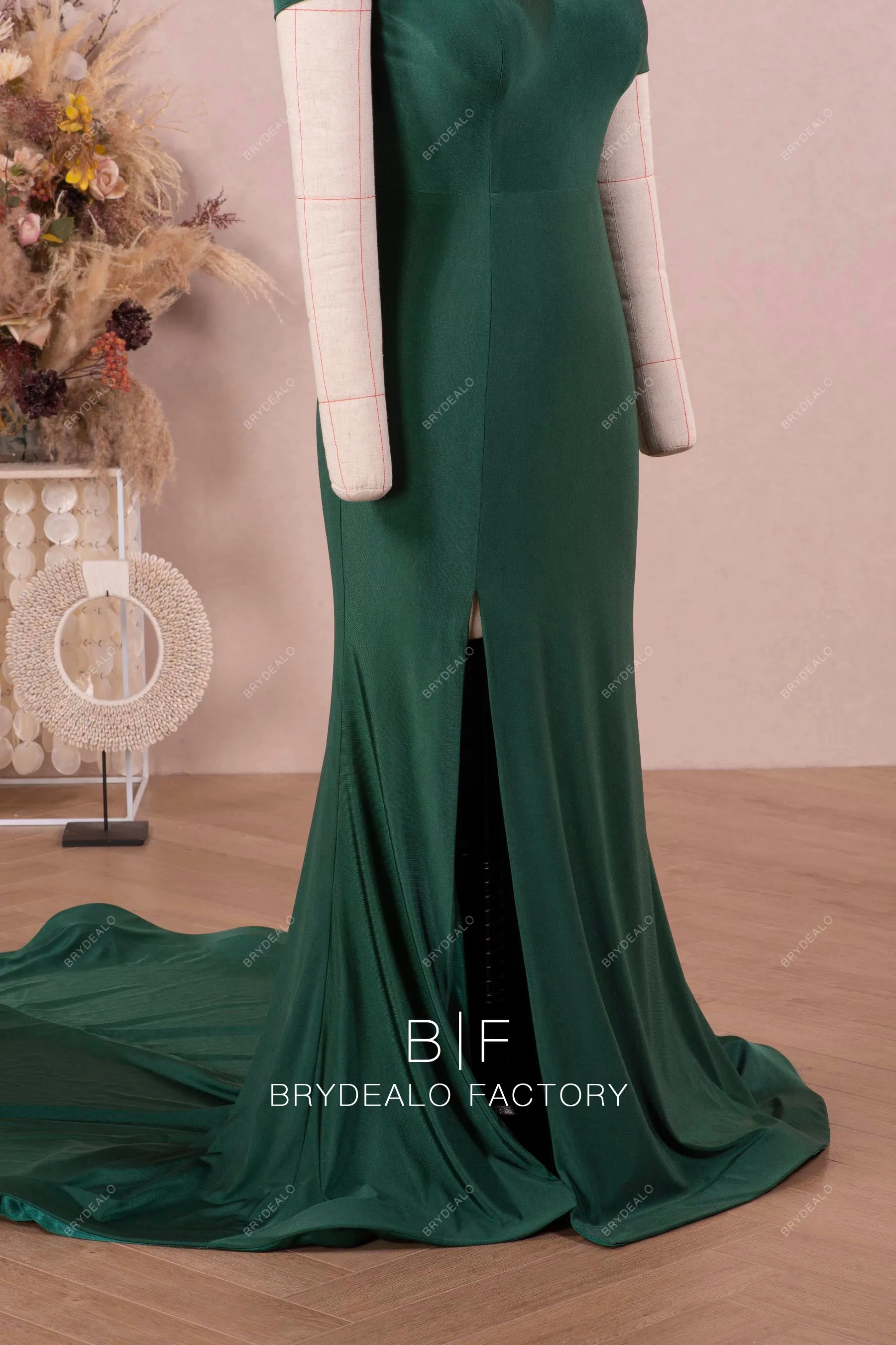 Dark Green One Shoulder Sleeve Jersey Bridesmaid Dress