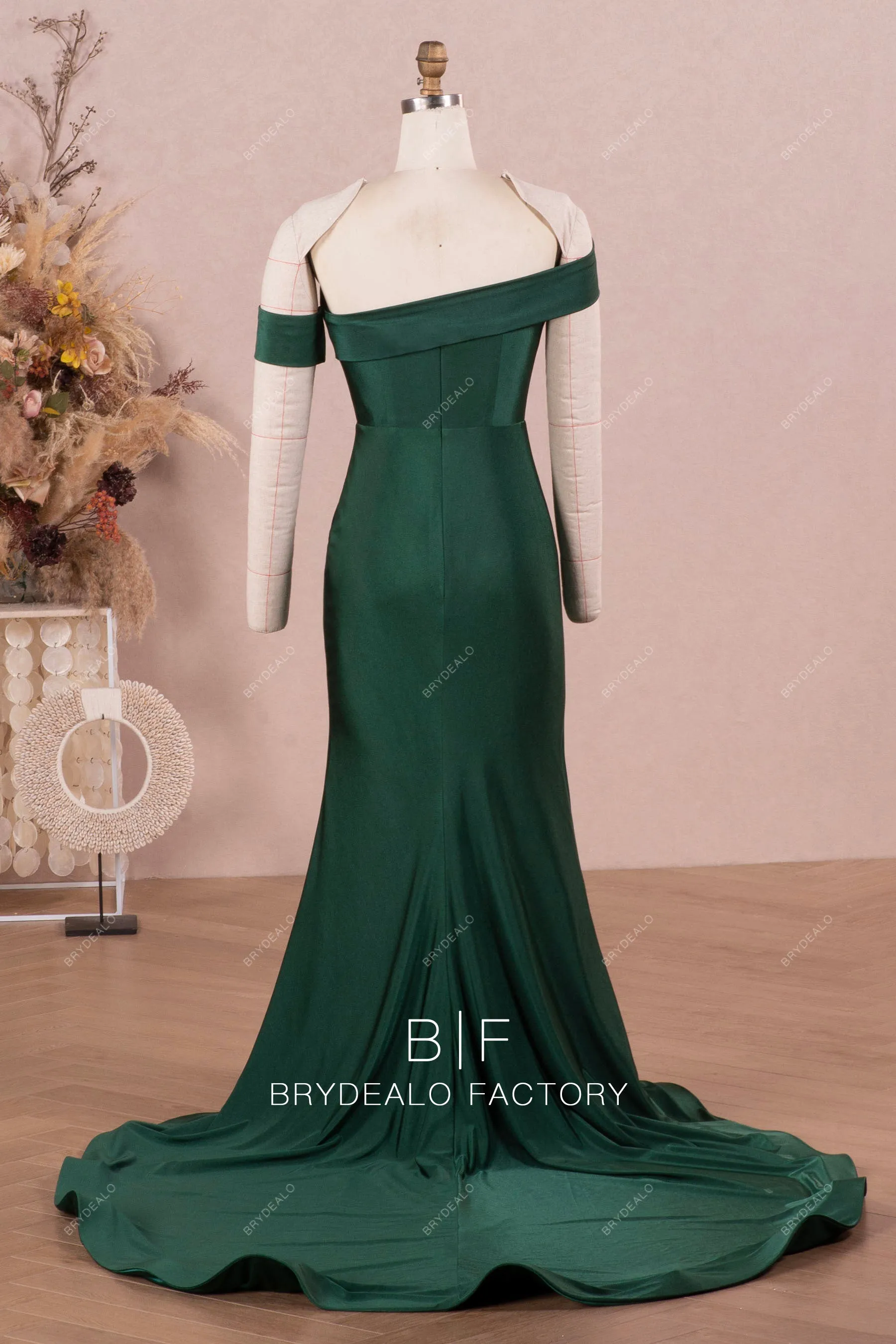 Dark Green One Shoulder Sleeve Jersey Bridesmaid Dress