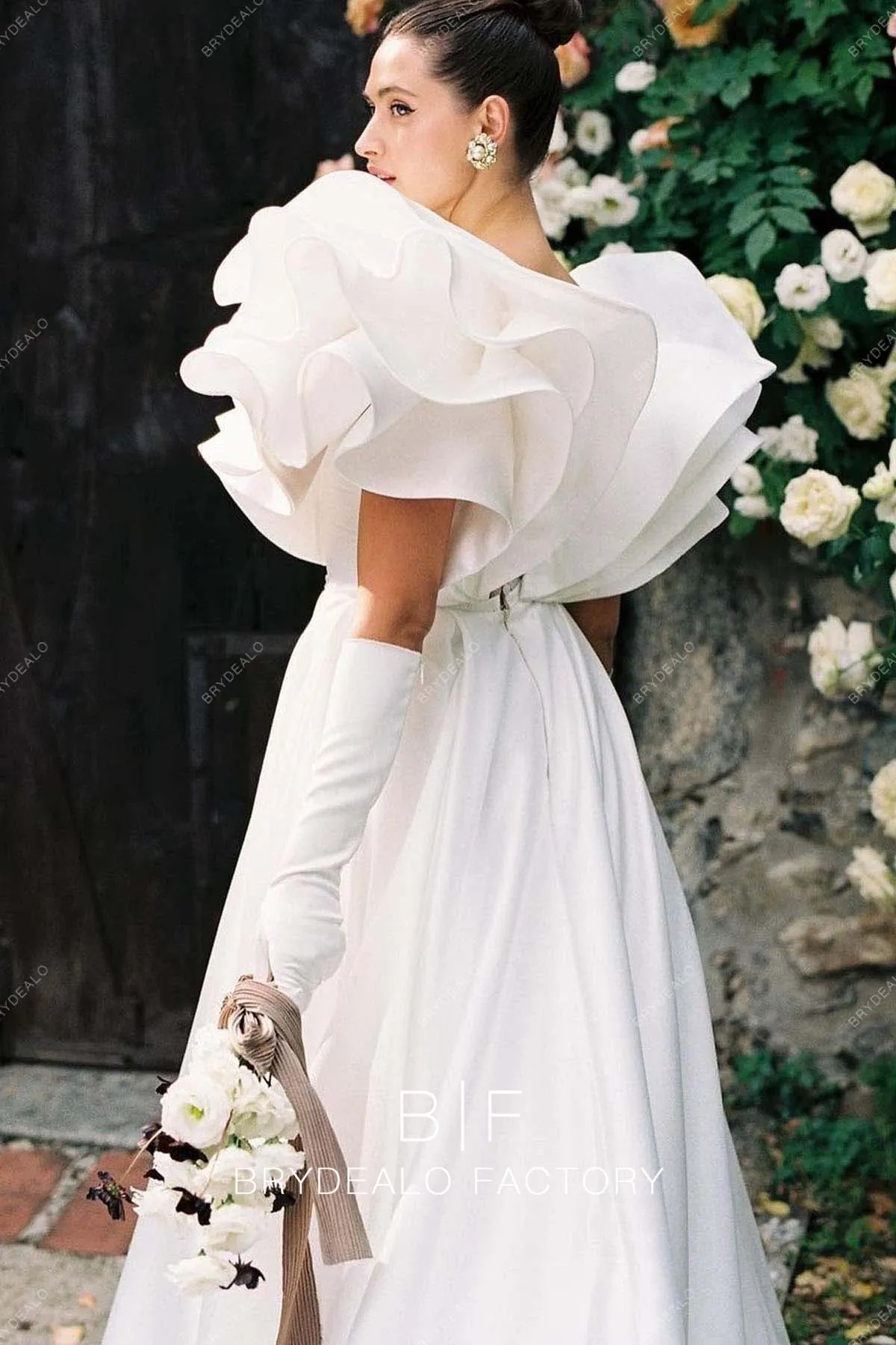 Designer Satin Layered Sleeves Vintage Long Country Wedding Dress