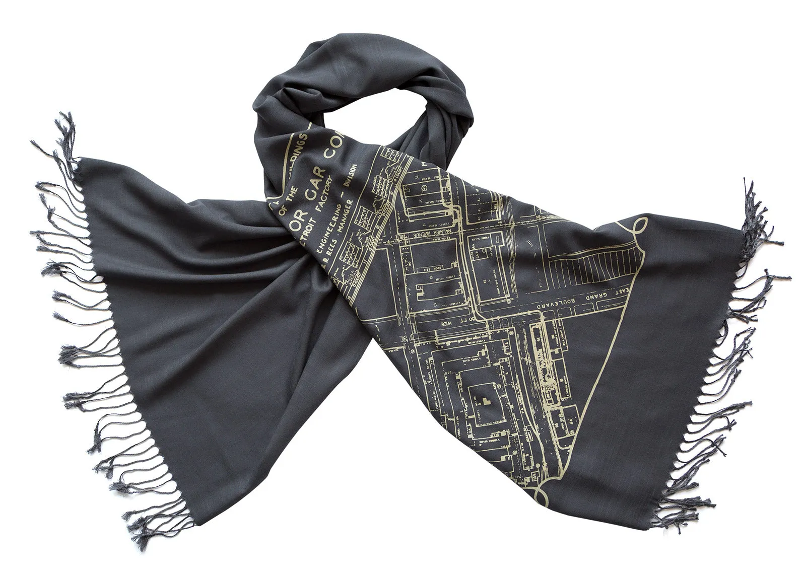 Detroit Map Scarf, Packard Plant Engineering Blueprint Bamboo Pashmina