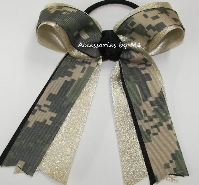 Digi Camo Green Gold Ponytail Bow