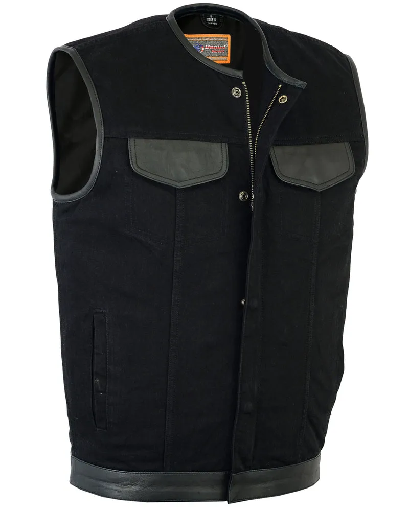 DM991 Men's Black Denim Vest Leather Trim No Collar