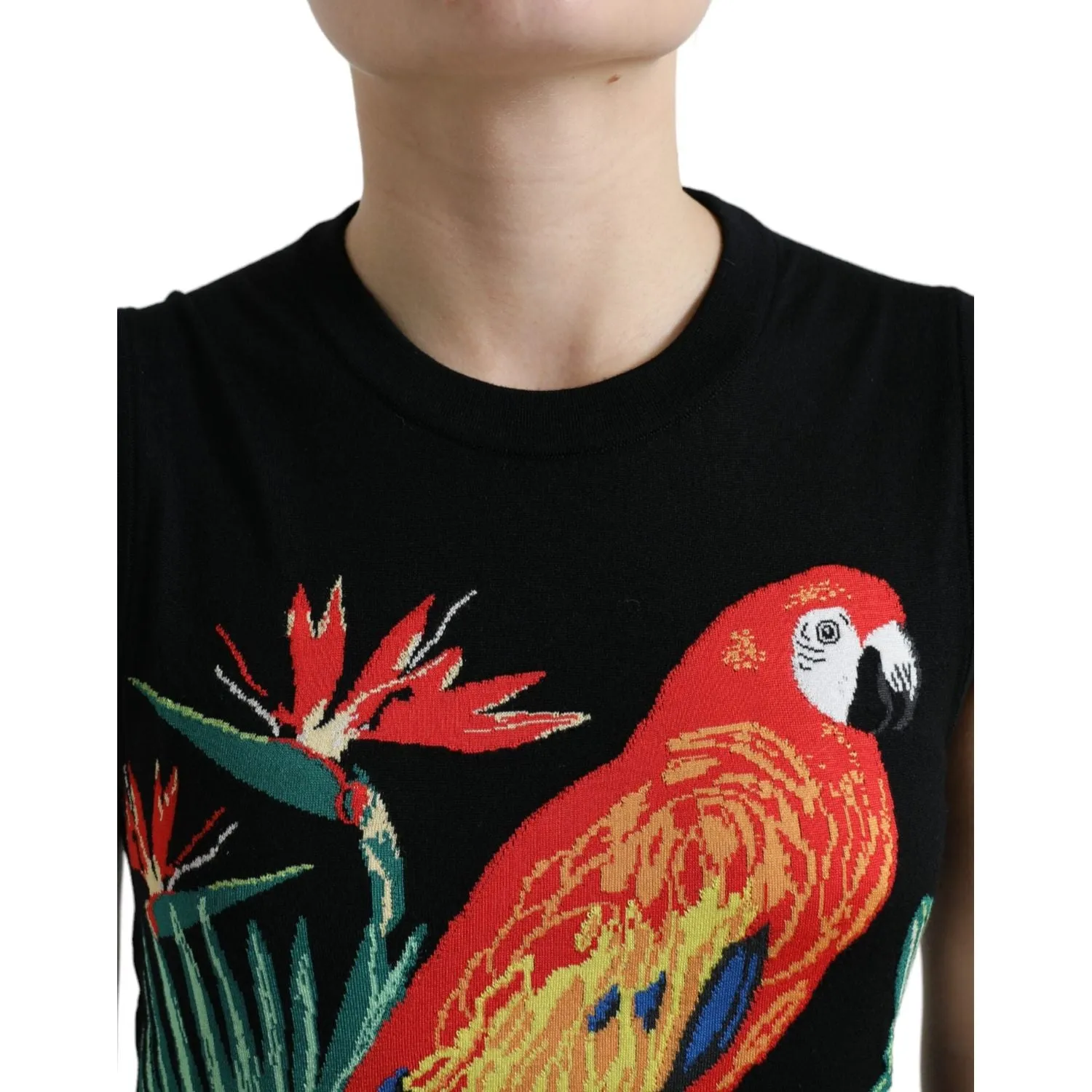 Dolce & Gabbana Elegant Crew Neck Wool Silk Tank with Bird Embroidery