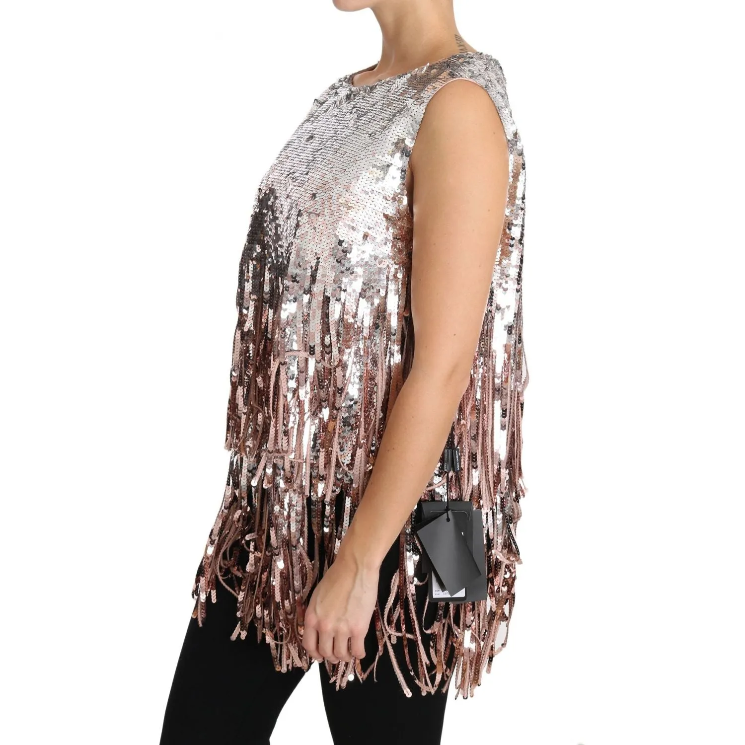 Dolce & Gabbana Golden Pink Sequined Fringe Elegance Top