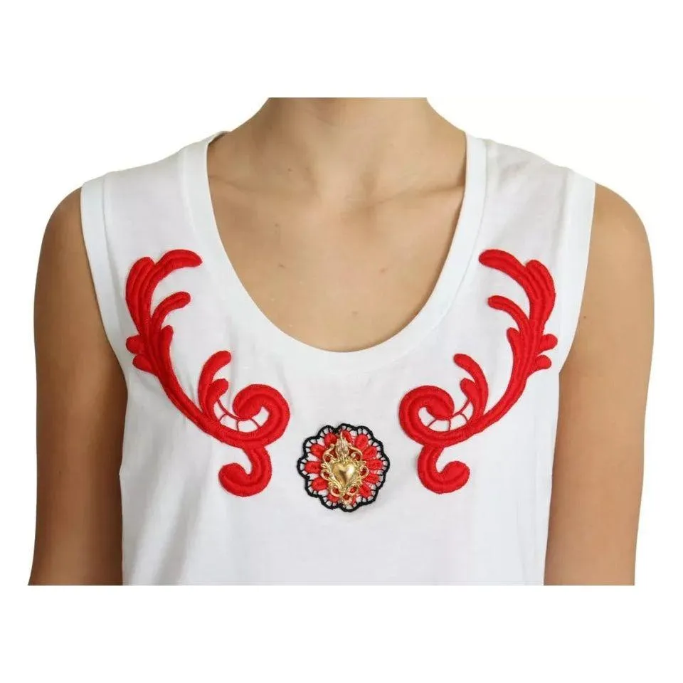 Dolce & Gabbana White Cotton Heart Applique Sleeveless Tank Top