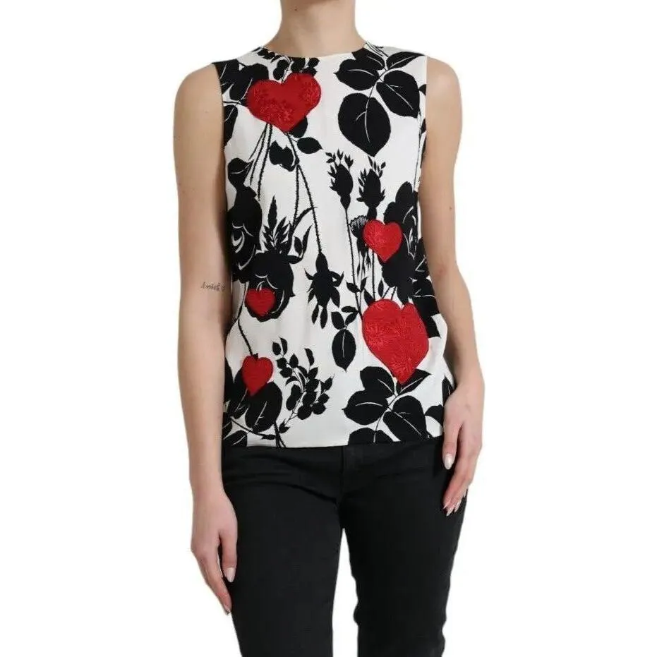 Dolce & Gabbana White Rose Print Heart Embroidered Tank Top