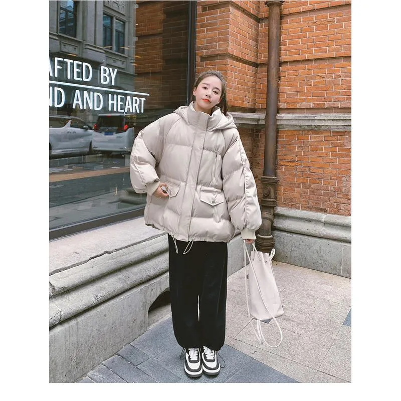 Drawstring Cropped Loose Fit Solid Color Puffer Jacket