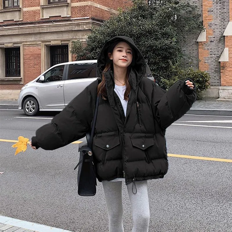 Drawstring Cropped Loose Fit Solid Color Puffer Jacket