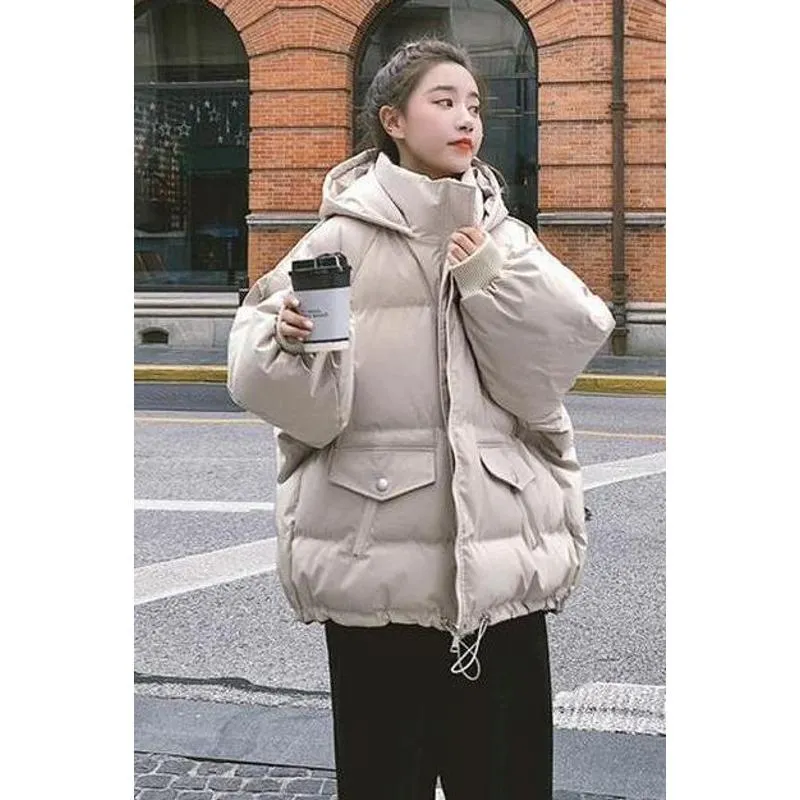 Drawstring Cropped Loose Fit Solid Color Puffer Jacket