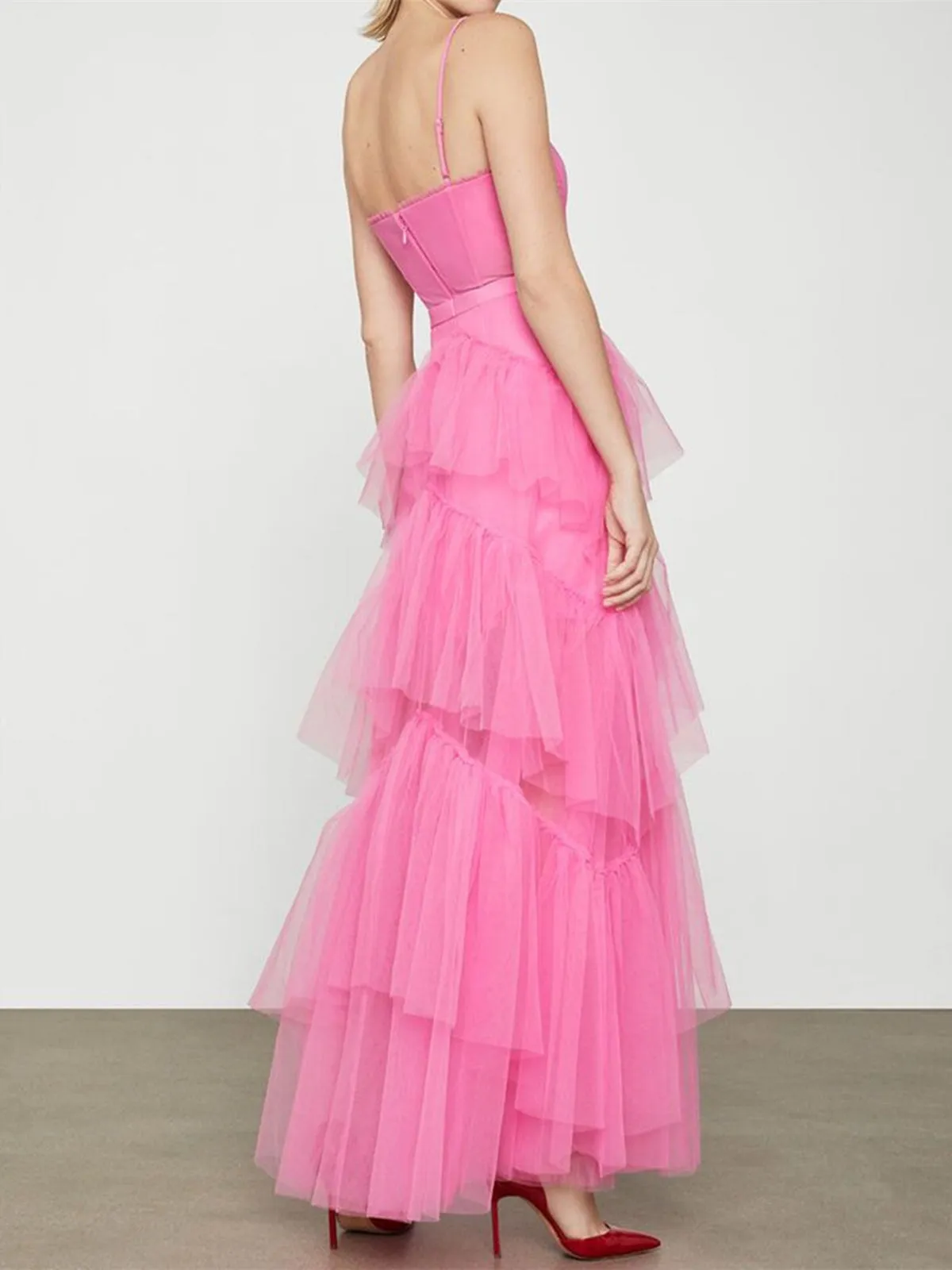 Elegant Open Back Layered Hot Pink Tulle Long Prom Dresses, Hot Pink Tulle Formal Graduation Evening Dresses