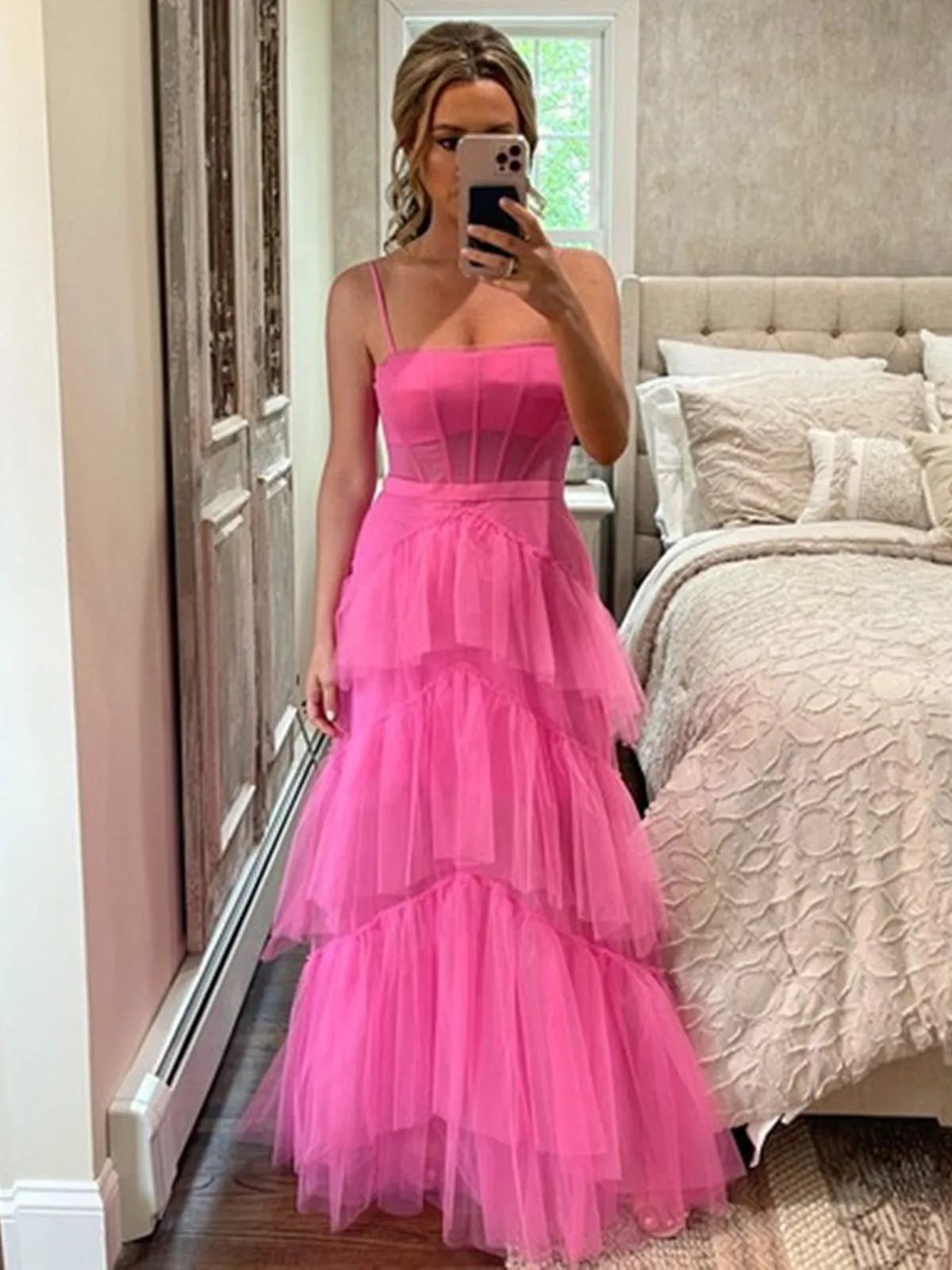 Elegant Open Back Layered Hot Pink Tulle Long Prom Dresses, Hot Pink Tulle Formal Graduation Evening Dresses