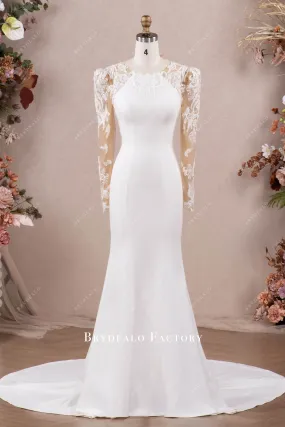 Embellished Sheer Sleeves Crepe Mermaid Bridal Dress