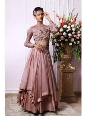 Embroidered layered lehenga set with knotted blouse