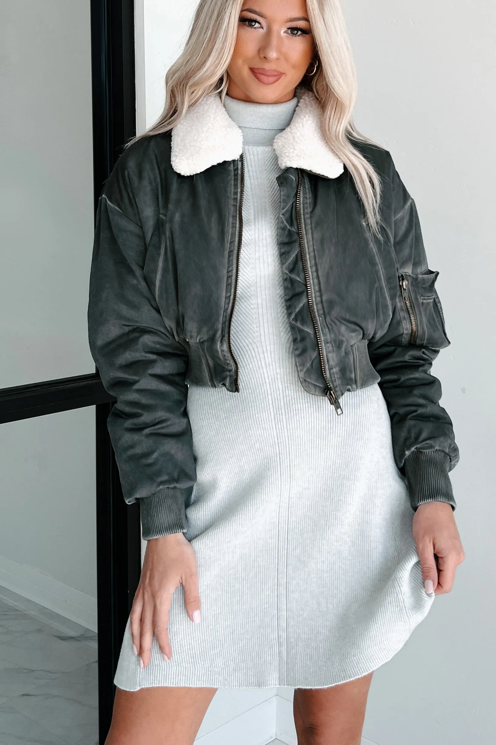 Fashionable Flight Path Aviator Crop Jacket (Dark Grey)