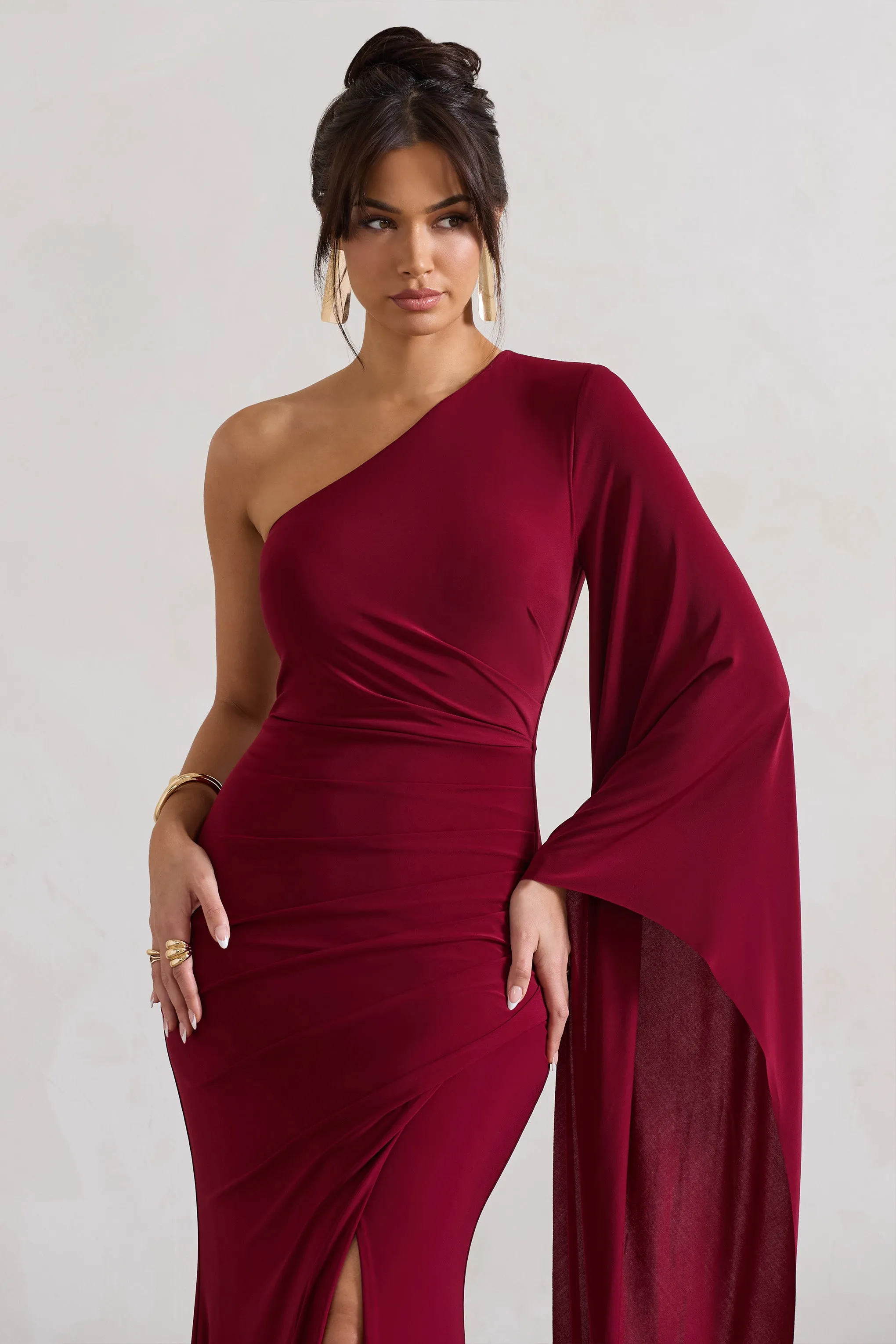 Giada | Berry Ruched One Shoulder Cape Sleeve Maxi Dress