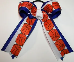 Glitter Basketball Royal White Ponytail Bow