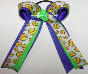 Glitter Softball Neon Green Purple Ponytail Bow