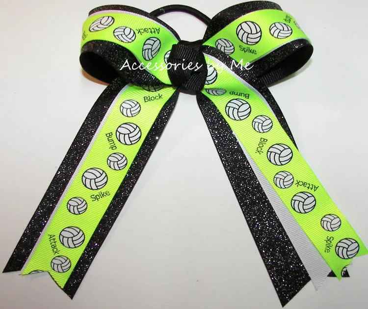 Glitter Volleyball Neon Lime Black Ponytail Bow