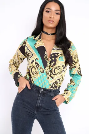 Green and Gold Scarf Print Satin Plunge Bodysuit - Moniqua