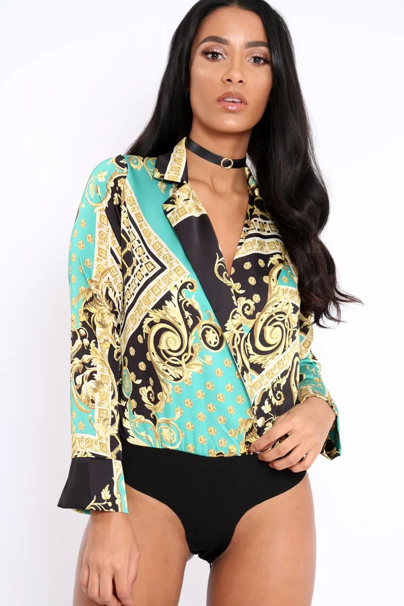 Green and Gold Scarf Print Satin Plunge Bodysuit - Moniqua