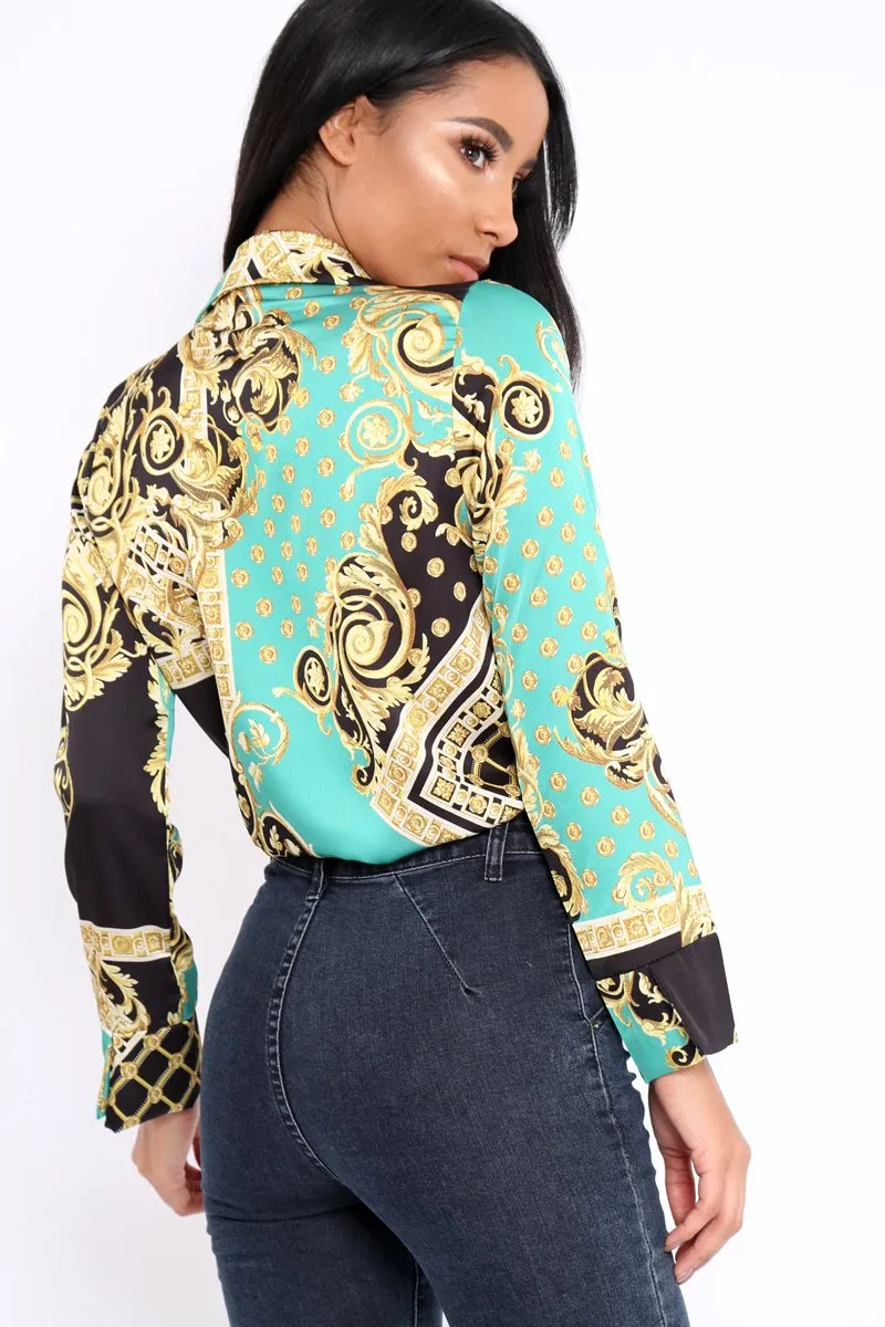 Green and Gold Scarf Print Satin Plunge Bodysuit - Moniqua