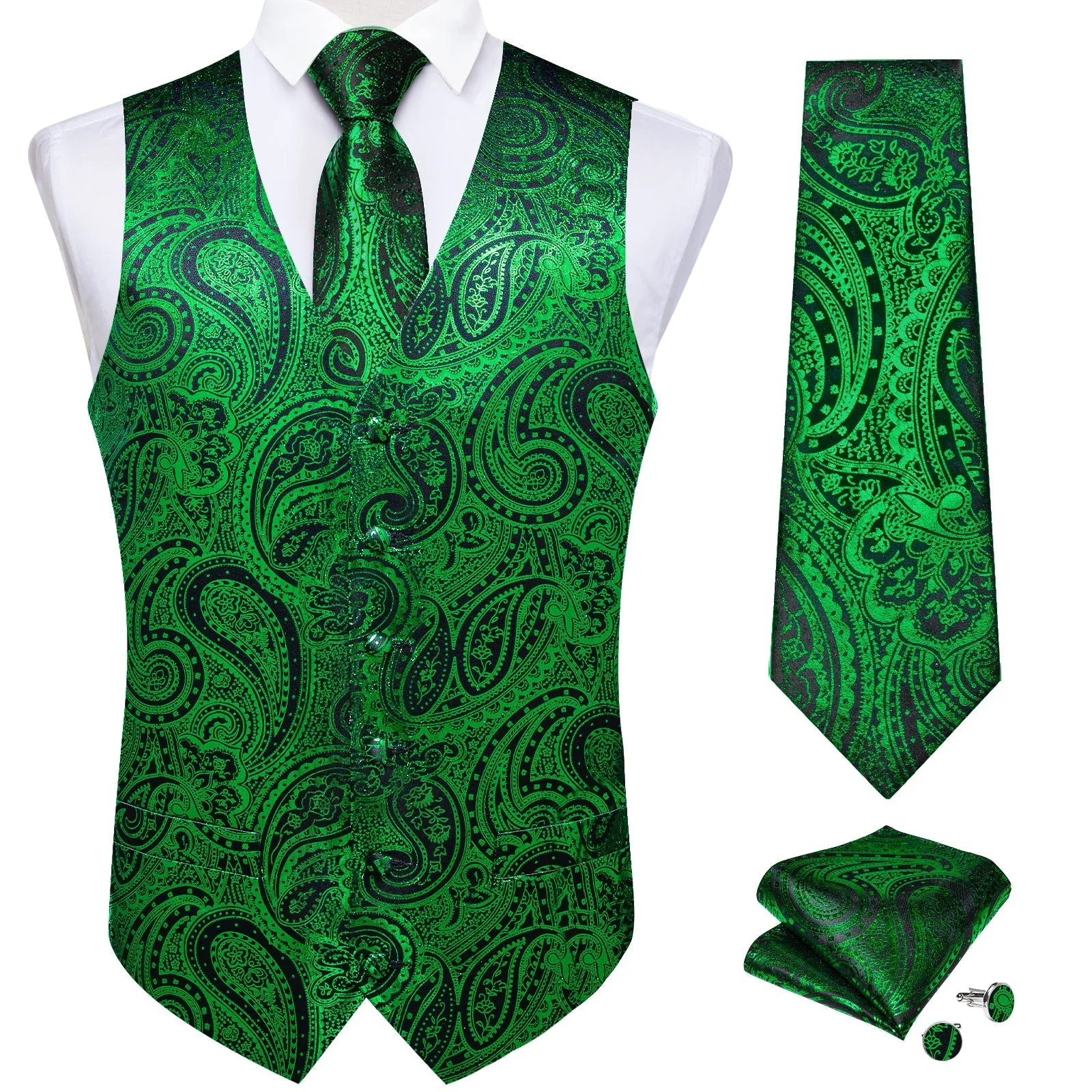 Green Black Paisley Silk Men's Vest Handkerchief Cufflinks Tie Set