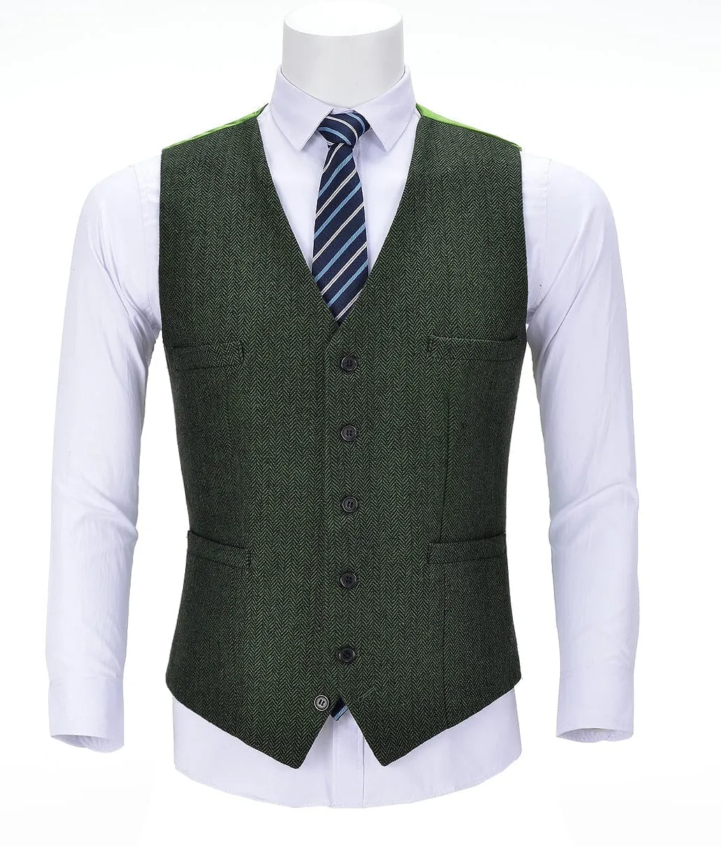 Green Herringbone V Neck Waistcoat